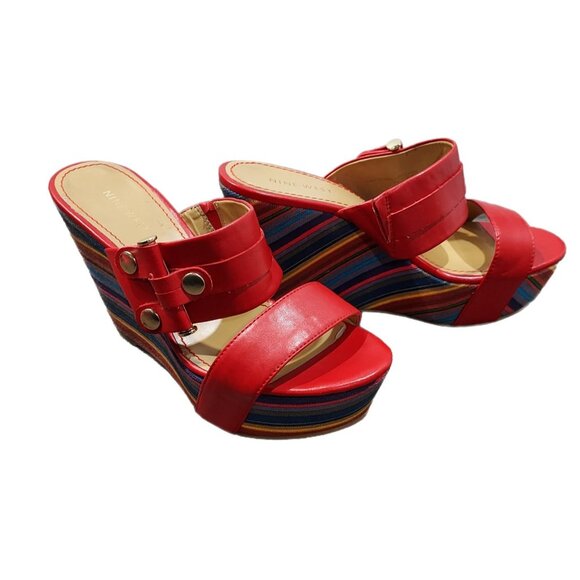 Nine West Red Lara Striped Wedge Slip on Sandals Sz 7.5 Beachcore - Picture 8 of 13